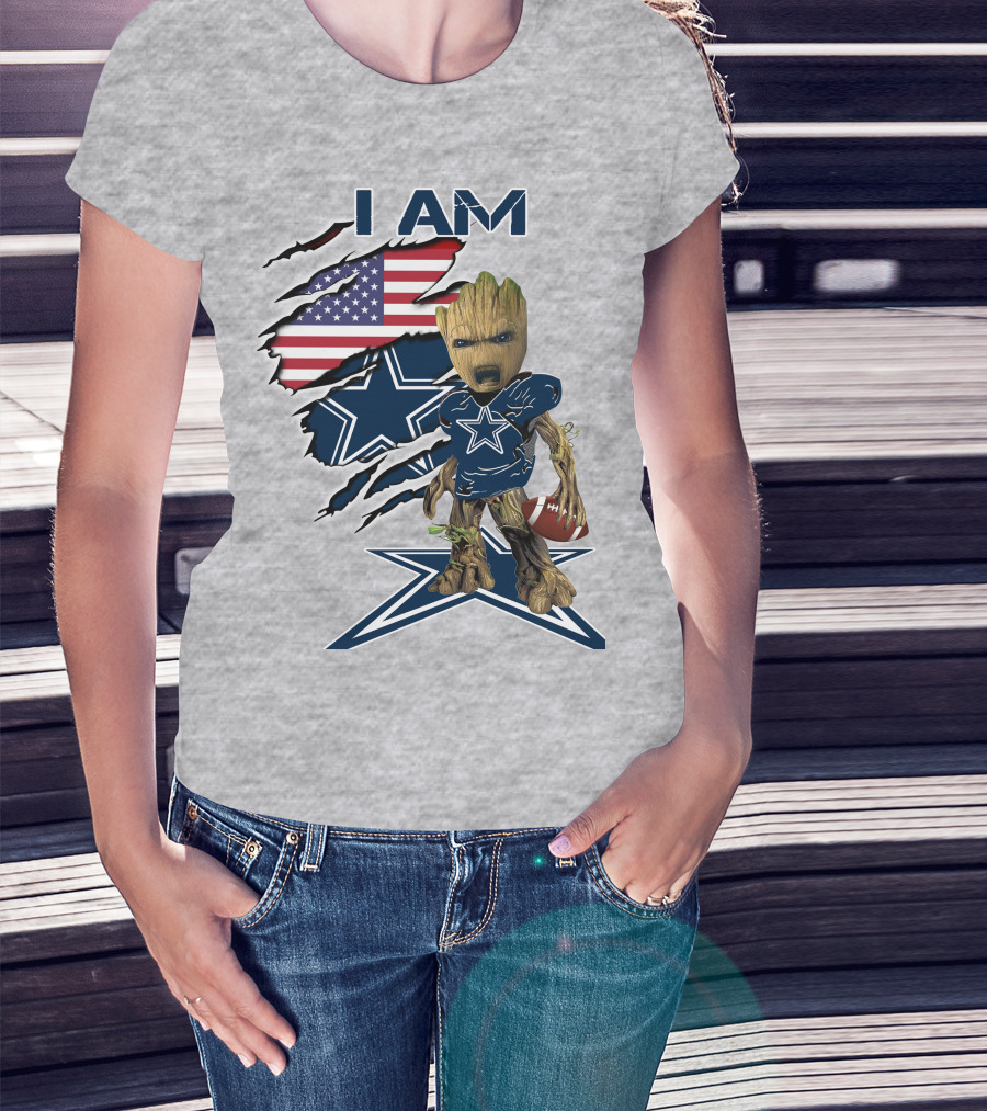 I Am Baby Groot Cowboys Fan With American Flag And Football T-Shirt