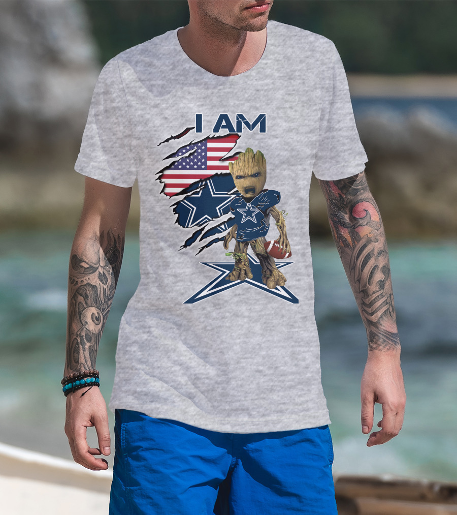 I Am Baby Groot Cowboys Fan With American Flag And Football T-Shirt