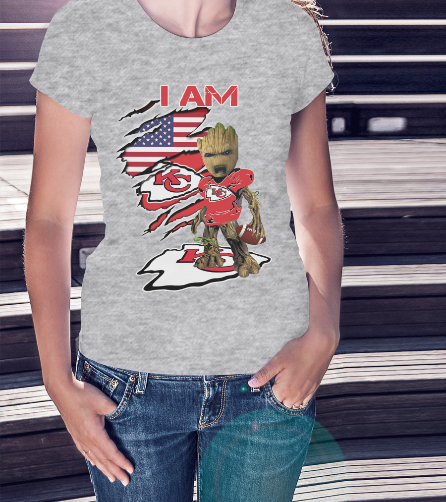 I Am Chiefs Baby Groot Kansas City Football American Flag T-Shirt