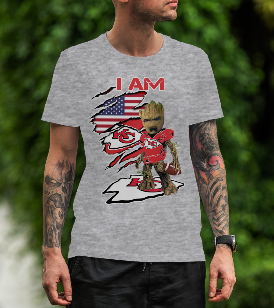 I Am Chiefs Baby Groot Kansas City Football American Flag T-Shirt