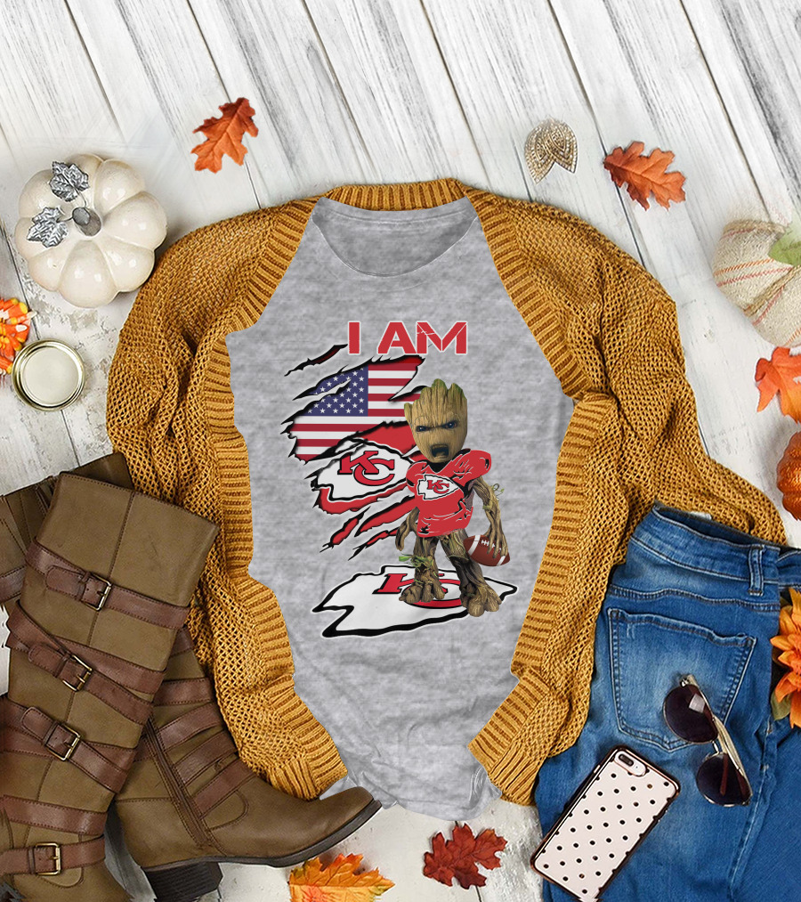 I Am Chiefs Baby Groot Kansas City Football American Flag T-Shirt