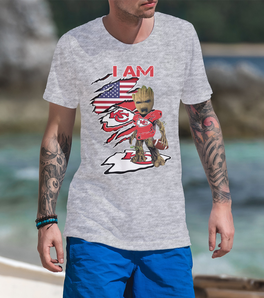 I Am Chiefs Baby Groot Kansas City Football American Flag T-Shirt
