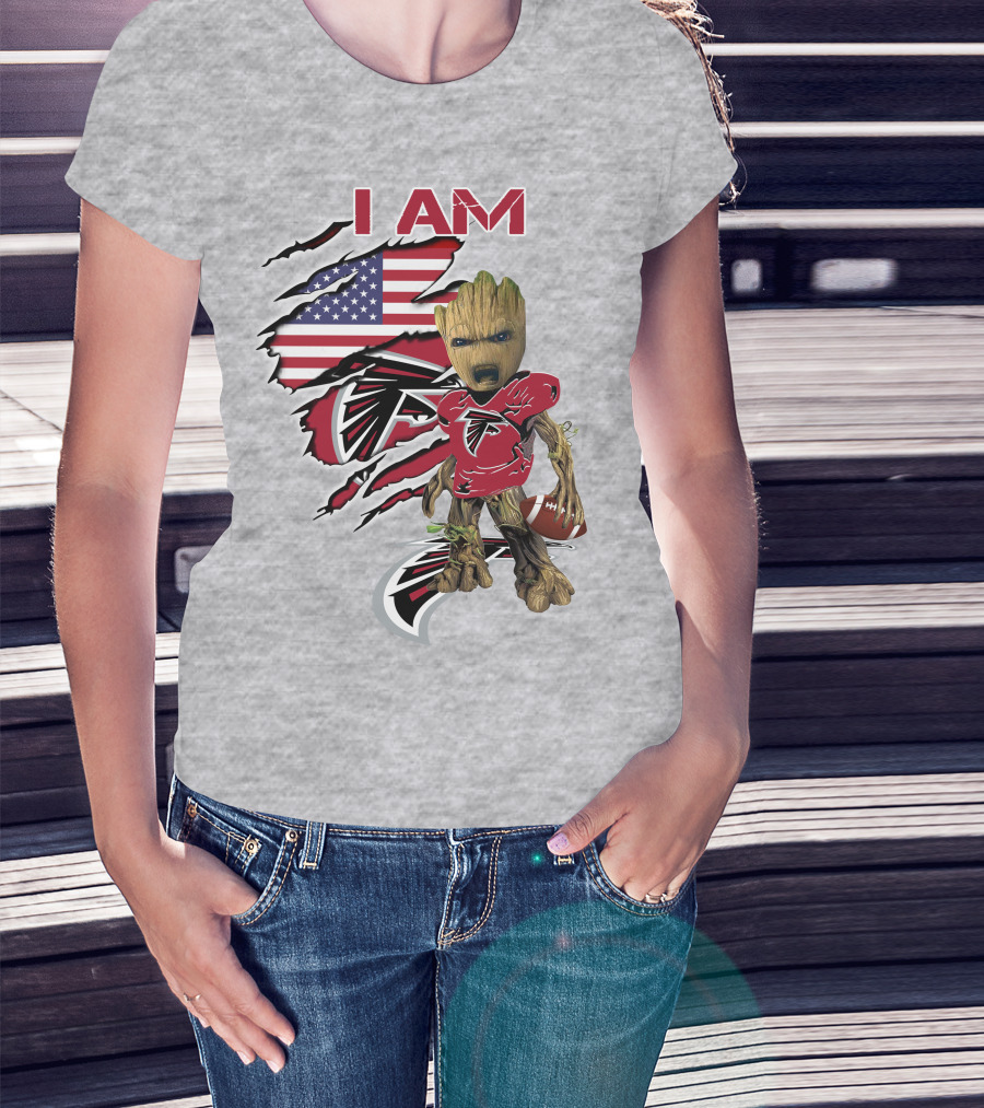 I Am Falcons Baby Groot Usa Flag Football T-Shirt