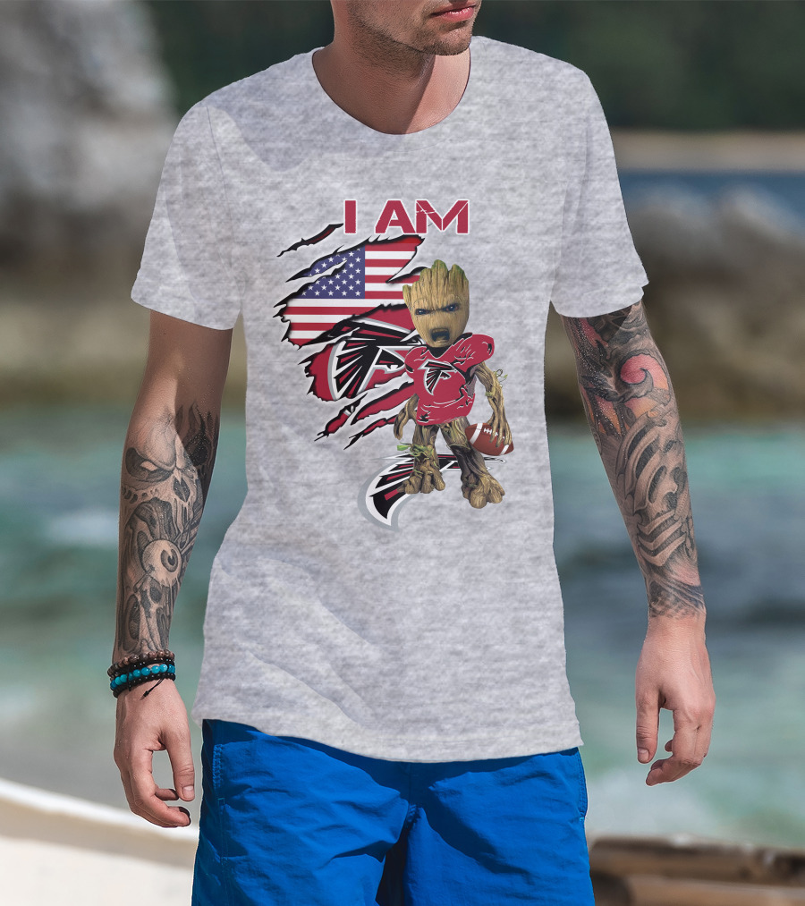 I Am Falcons Baby Groot Usa Flag Football T-Shirt