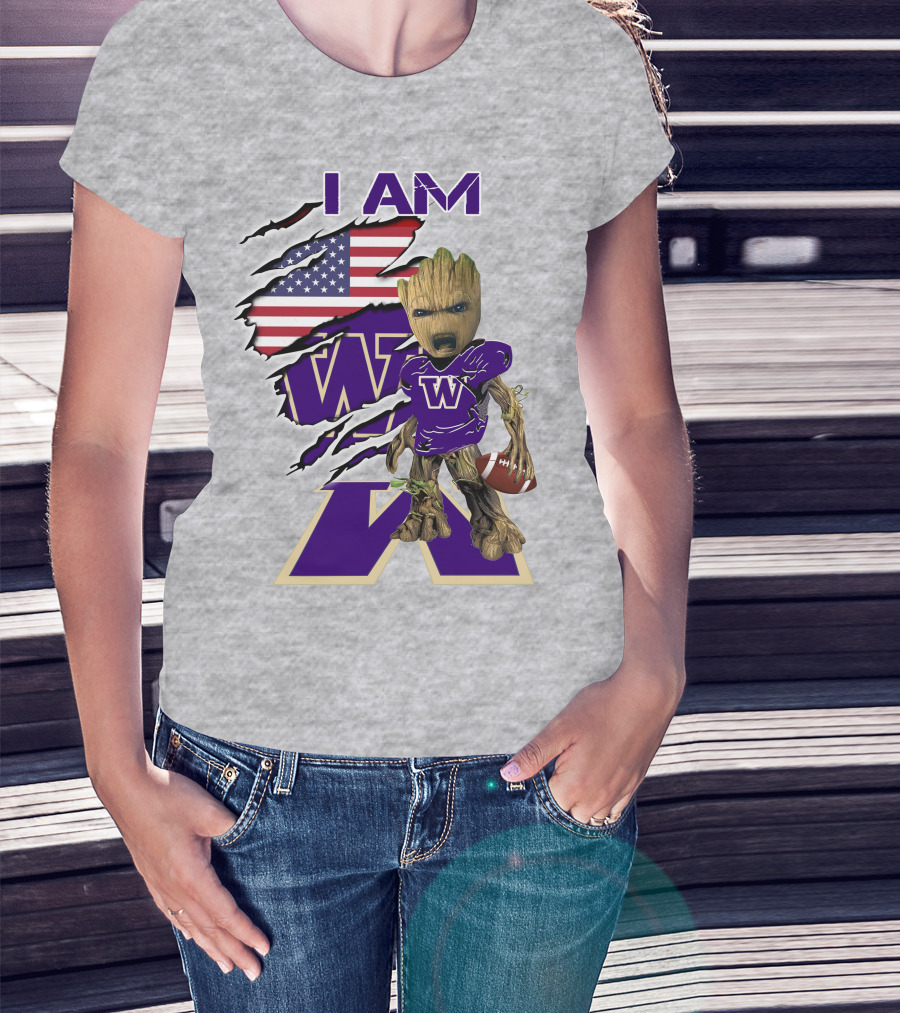 I AM Huskies Baby Groot Football USA Flag T-Shirt