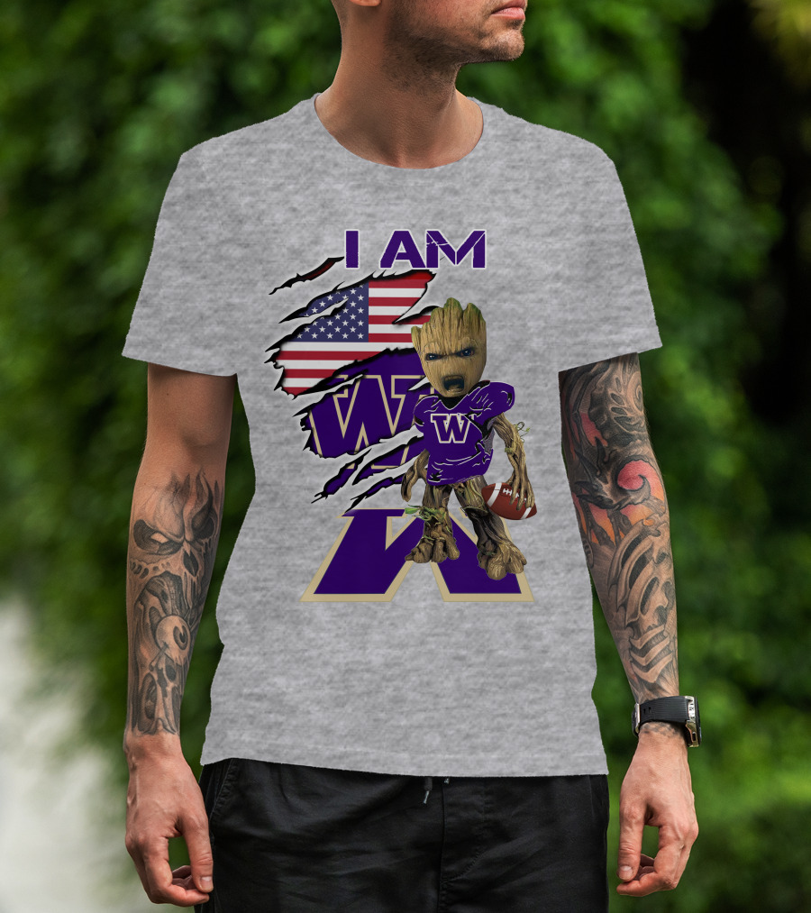 I AM Huskies Baby Groot Football USA Flag T-Shirt