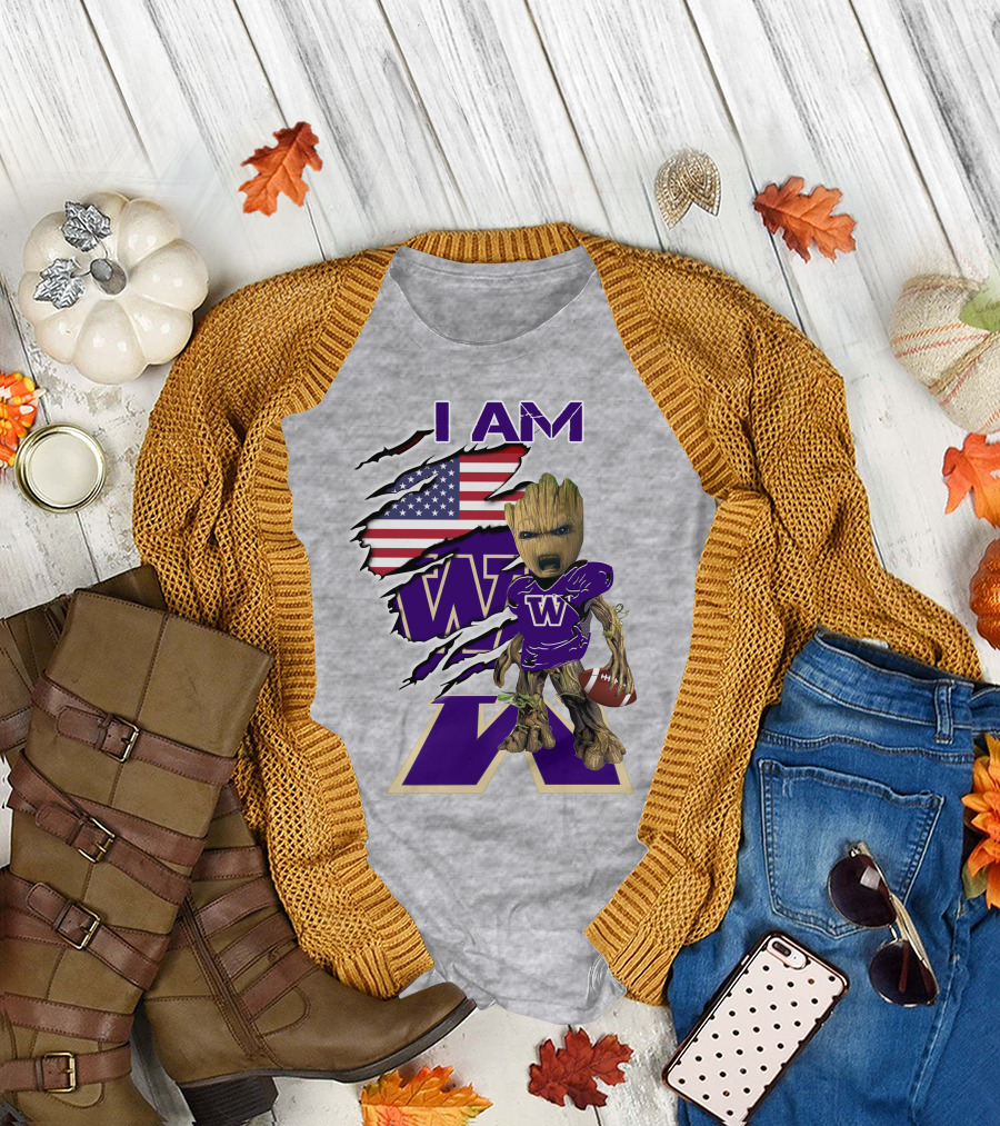 I AM Huskies Baby Groot Football USA Flag T-Shirt