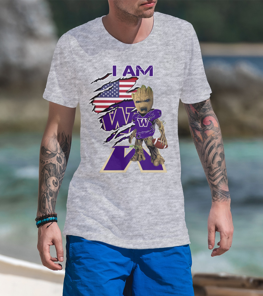 I AM Huskies Baby Groot Football USA Flag T-Shirt