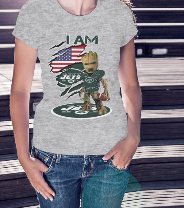 I Am Jets Baby Groot American Flag Football Fan T-Shirt