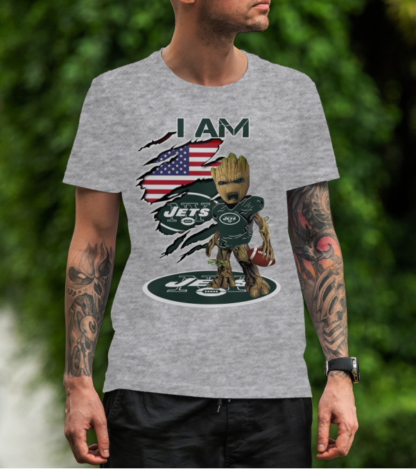 I Am Jets Baby Groot American Flag Football Fan T-Shirt