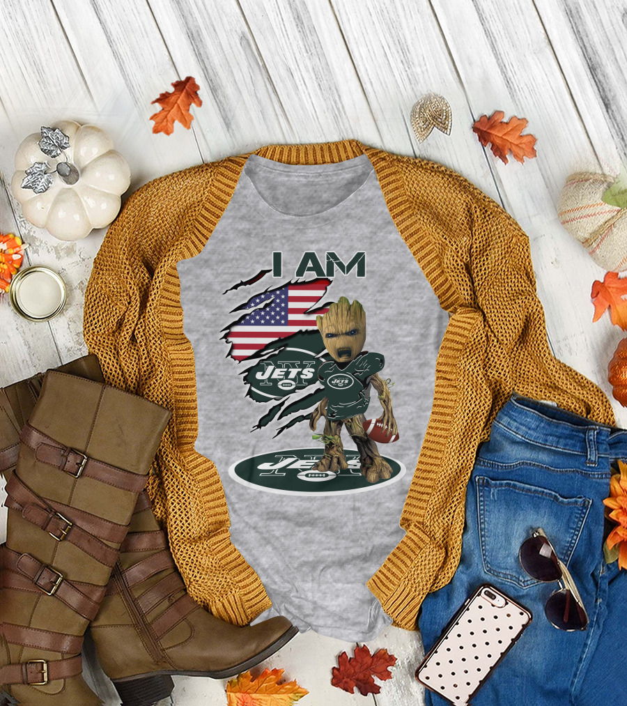 I Am Jets Baby Groot American Flag Football Fan T-Shirt