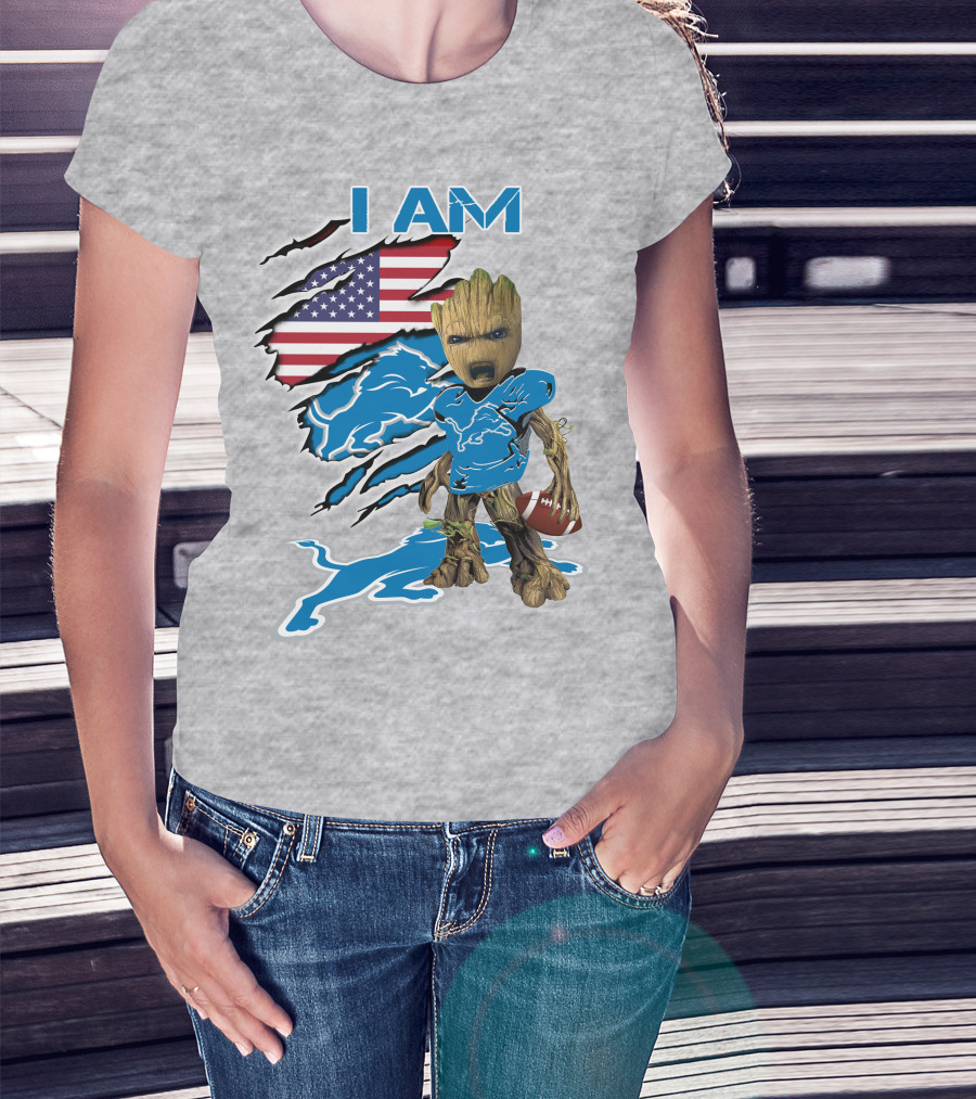 I Am Lions Baby Groot Football American Flag T-Shirt