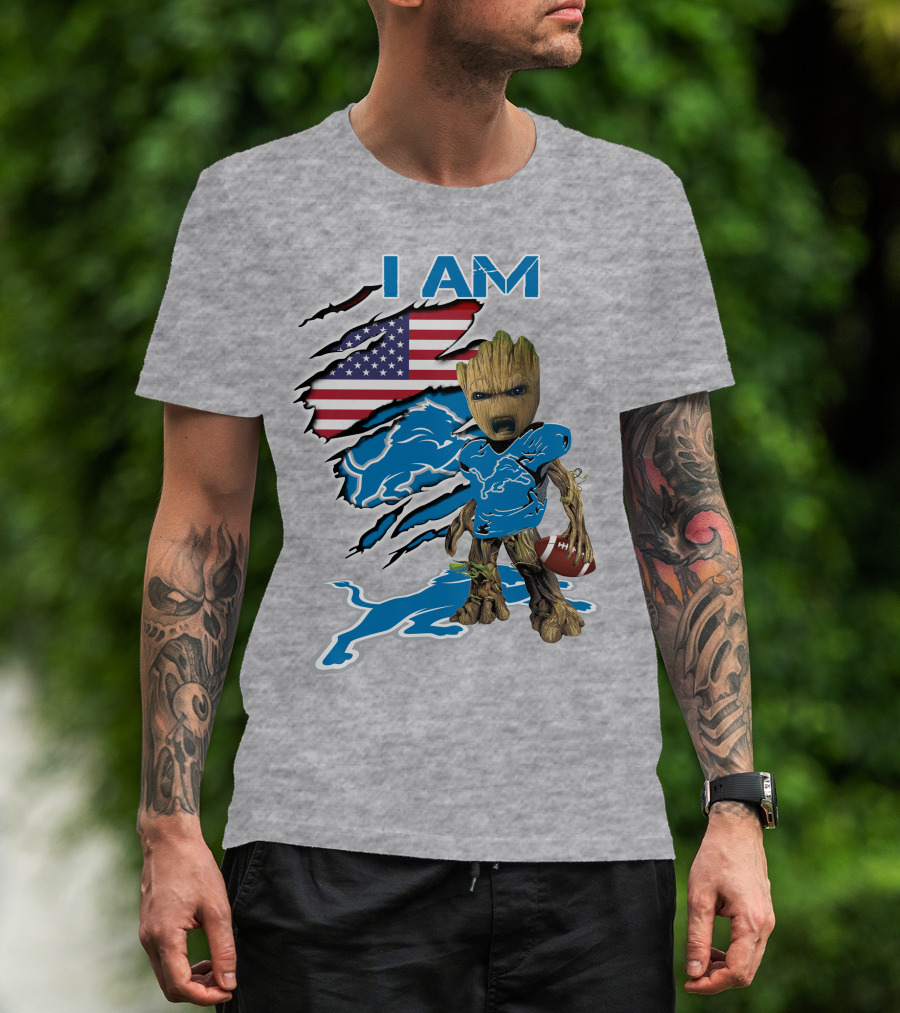 I Am Lions Baby Groot Football American Flag T-Shirt