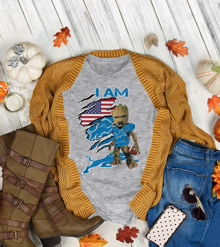 I Am Lions Baby Groot Football American Flag T-Shirt