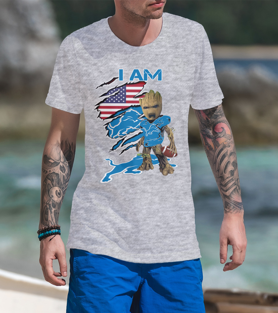 I Am Lions Baby Groot Football American Flag T-Shirt