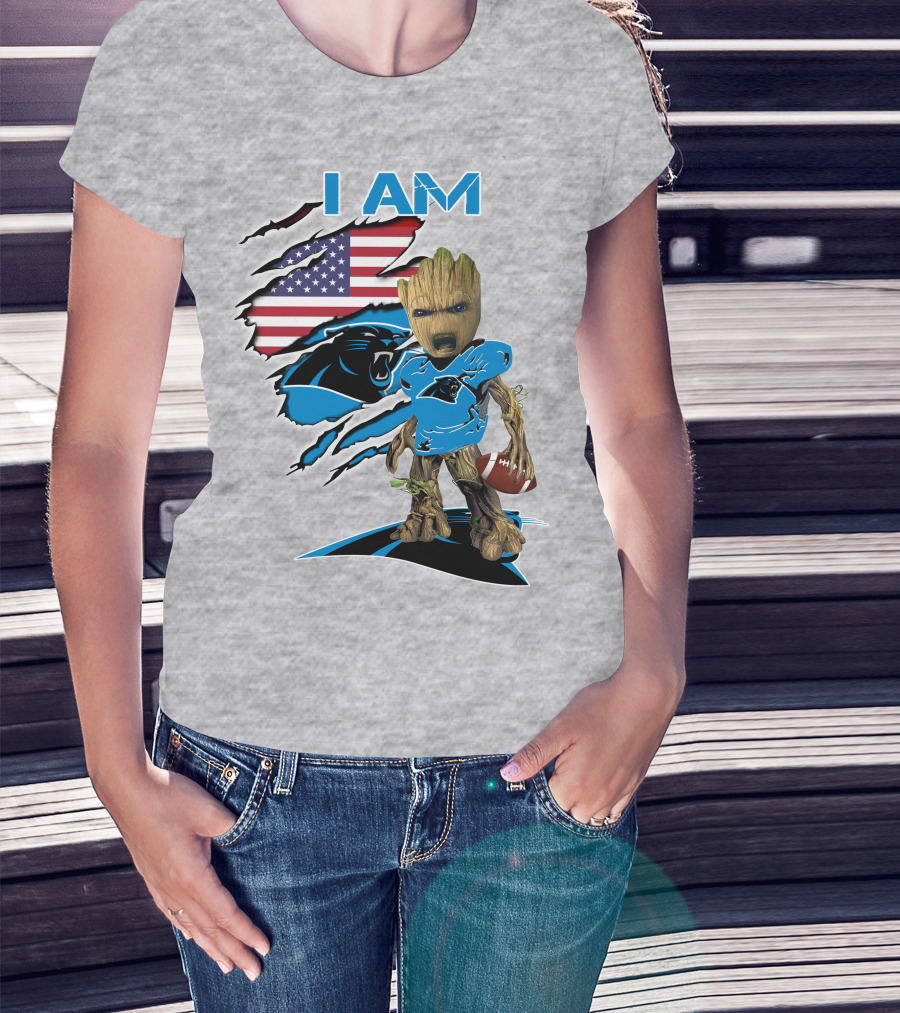 I Am Panthers Baby Groot Football Usa Flag T-Shirt