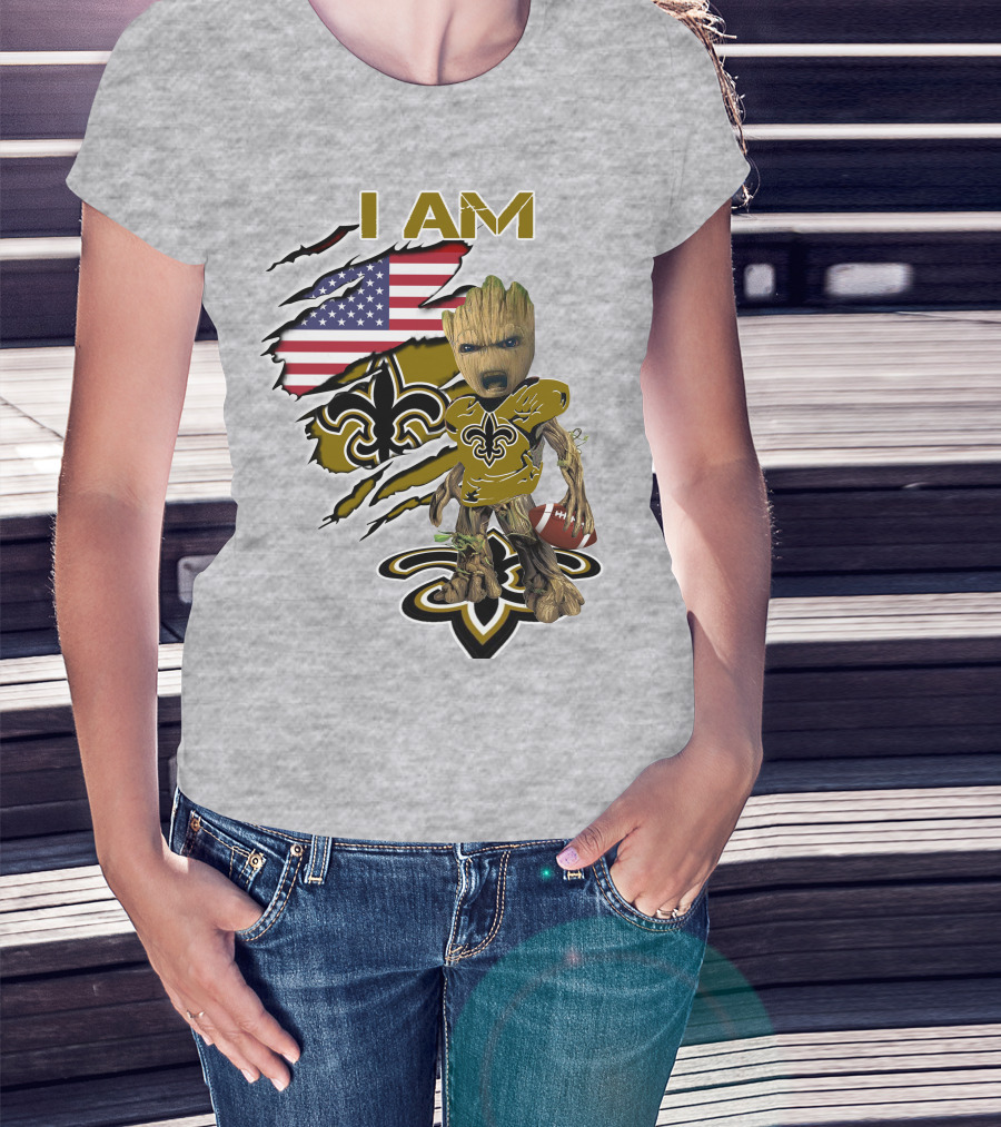 I Am Baby Groot Saints Fleur-De-Lis American Flag Football T-Shirt