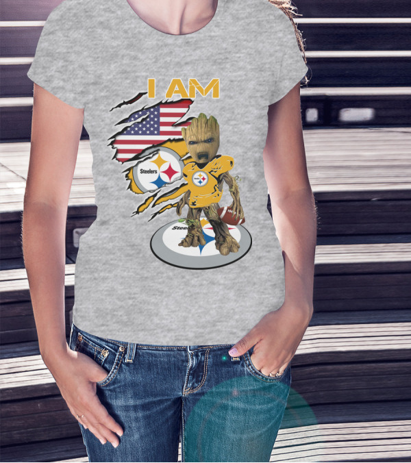 I AM Steelers Baby Groot American Flag Football Fan Gear T-Shirt