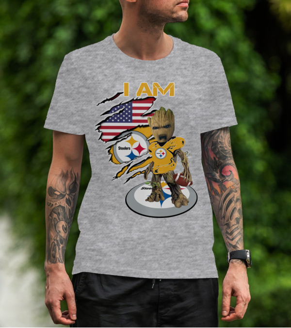 I AM Steelers Baby Groot American Flag Football Fan Gear T-Shirt