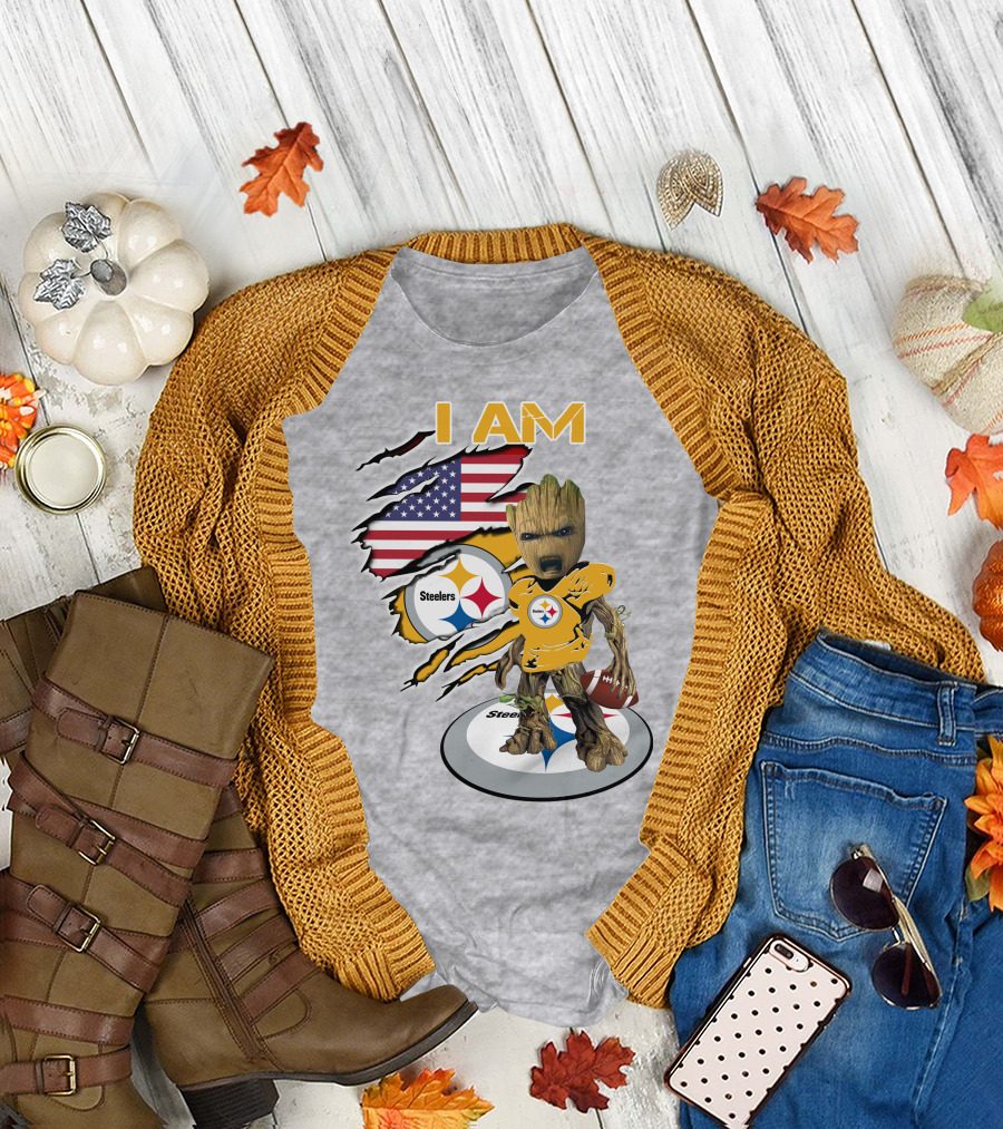 I AM Steelers Baby Groot American Flag Football Fan Gear T-Shirt