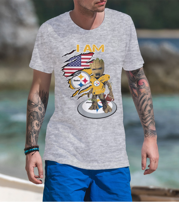 I AM Steelers Baby Groot American Flag Football Fan Gear T-Shirt