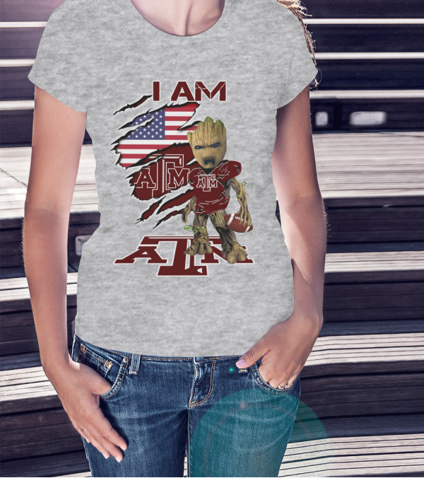 I Am Texas A&M Baby Groot American Flag Football T-Shirt