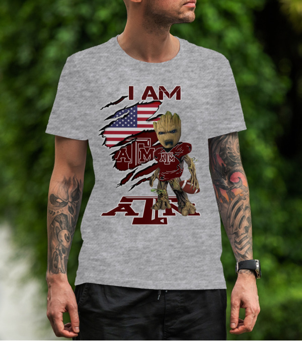 I Am Texas A&M Baby Groot American Flag Football T-Shirt