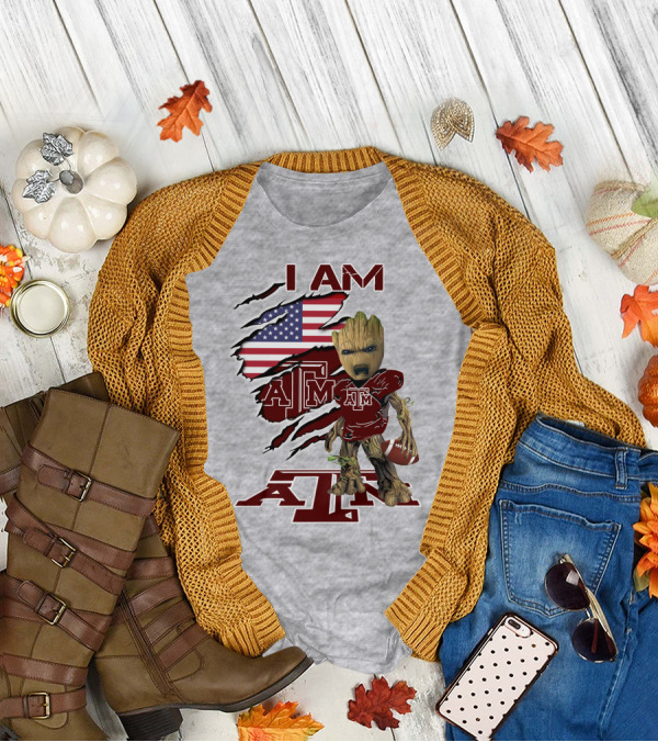 I Am Texas A&M Baby Groot American Flag Football T-Shirt