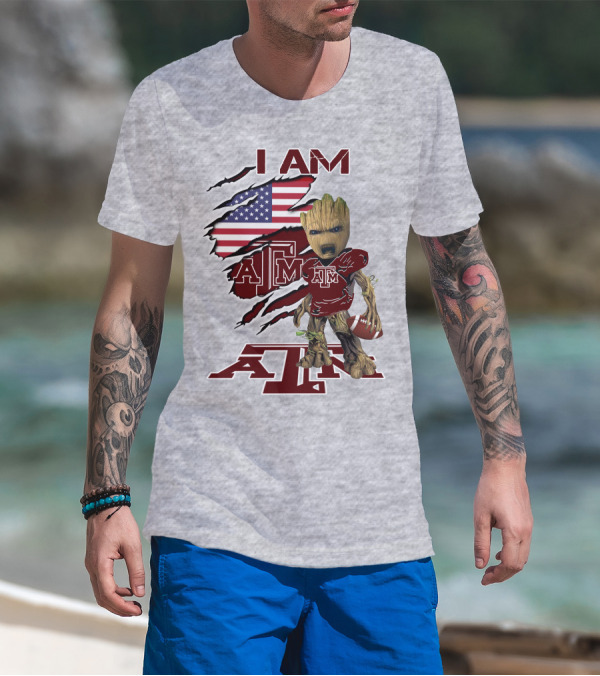 I Am Texas A&M Baby Groot American Flag Football T-Shirt