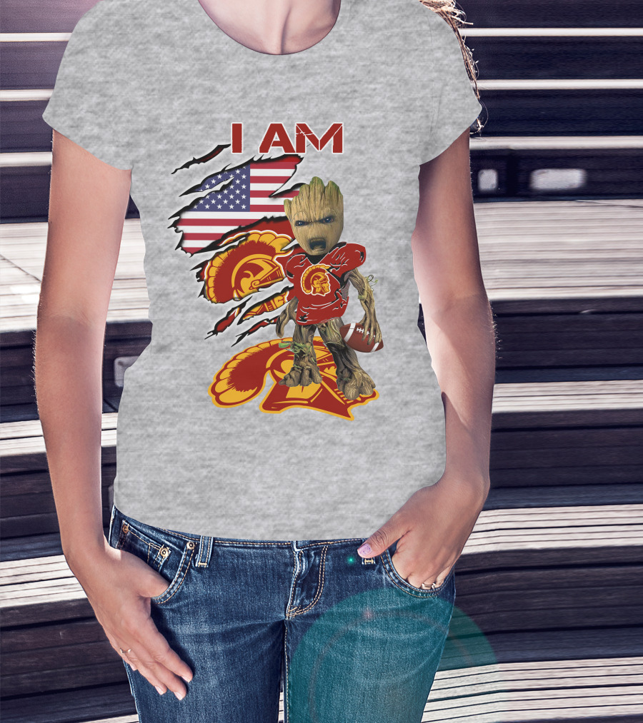 I AM Trojans Baby Groot Football American Flag T-Shirt