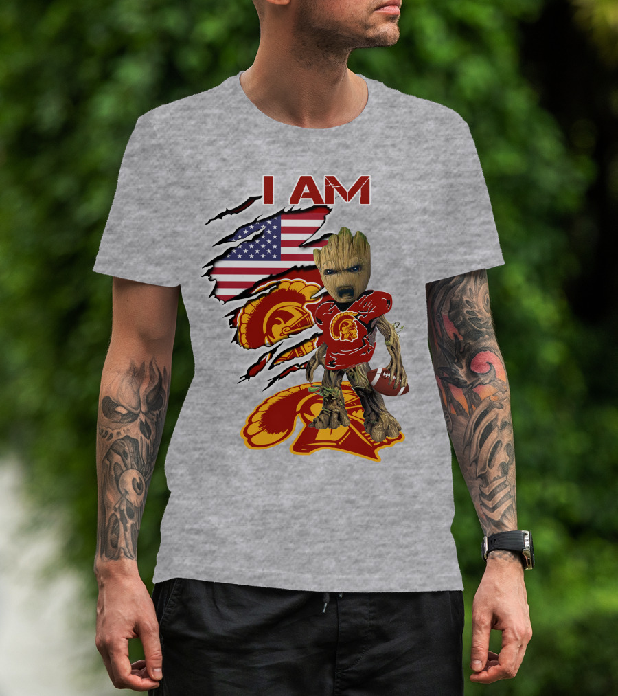 I AM Trojans Baby Groot Football American Flag T-Shirt