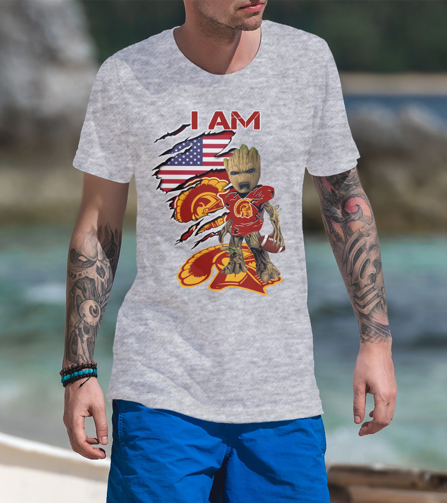 I AM Trojans Baby Groot Football American Flag T-Shirt