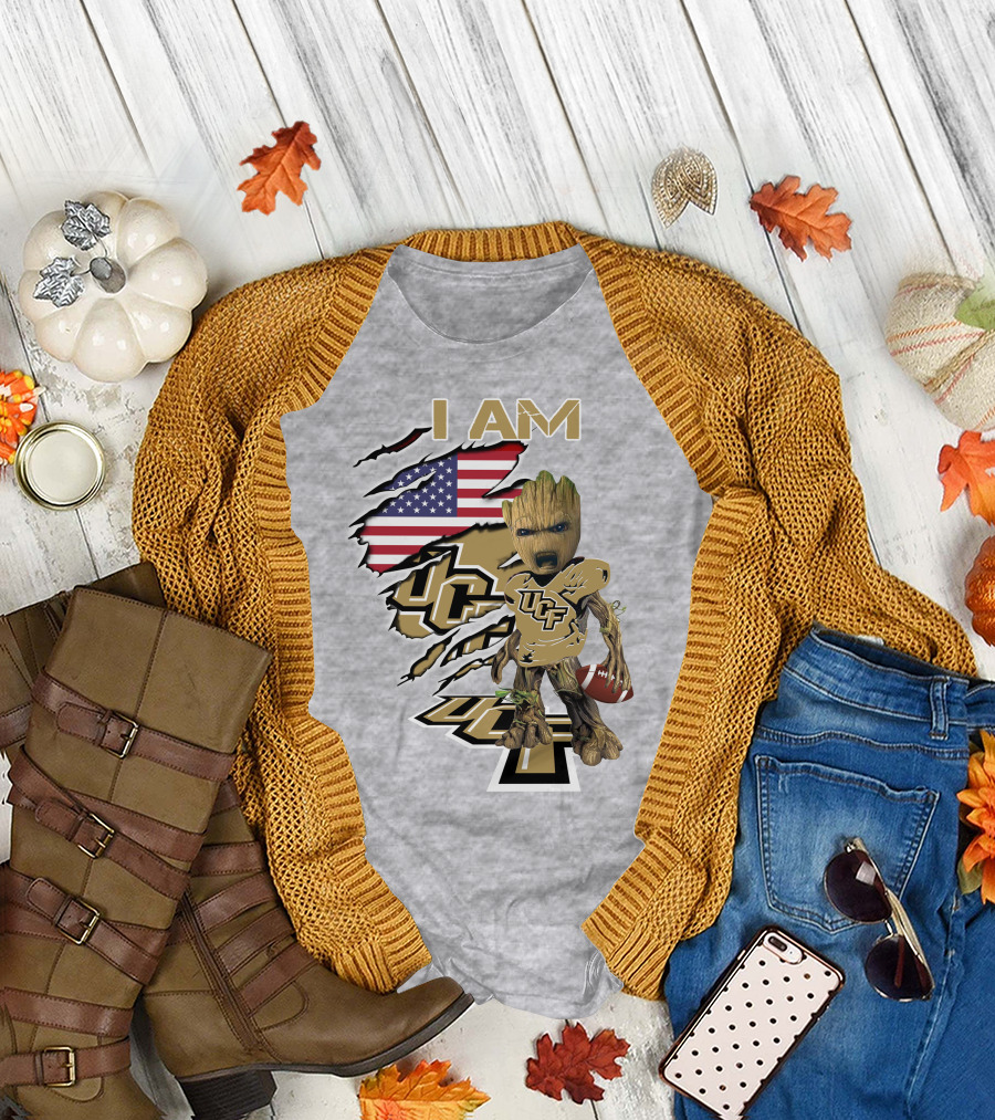 UCF Baby Groot I Am American Flag Football T-Shirt