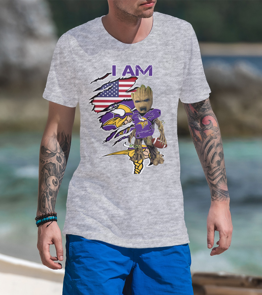 I Am Vikings Baby Groot American Flag Football T-Shirt