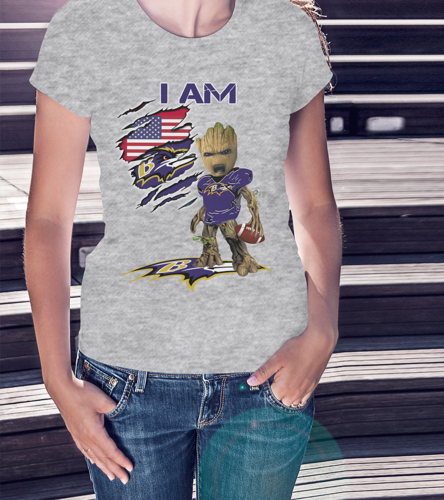 I AM Baltimore Ravens Baby Groot Football USA Flag T-Shirt
