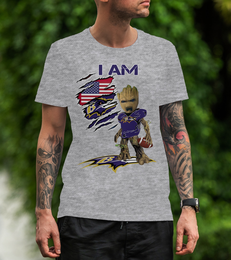 I AM Baltimore Ravens Baby Groot Football USA Flag T-Shirt