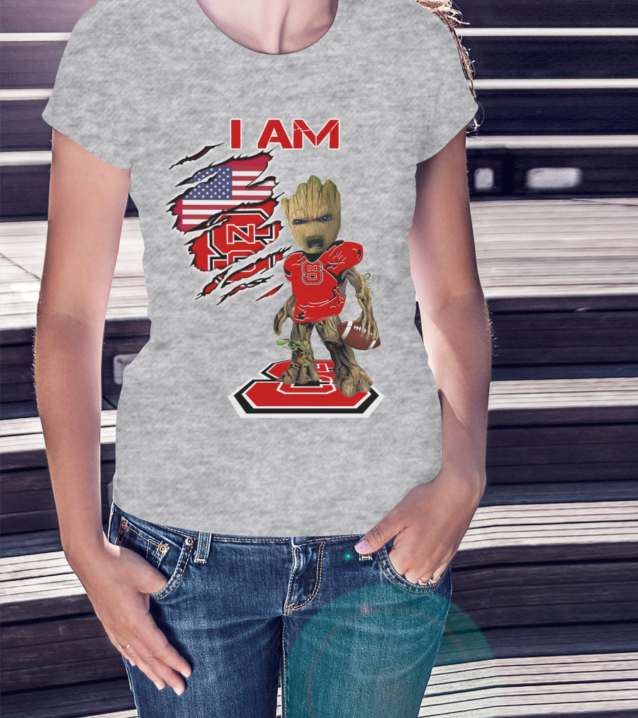 I Am NC State Baby Groot Football USA Flag T-Shirt