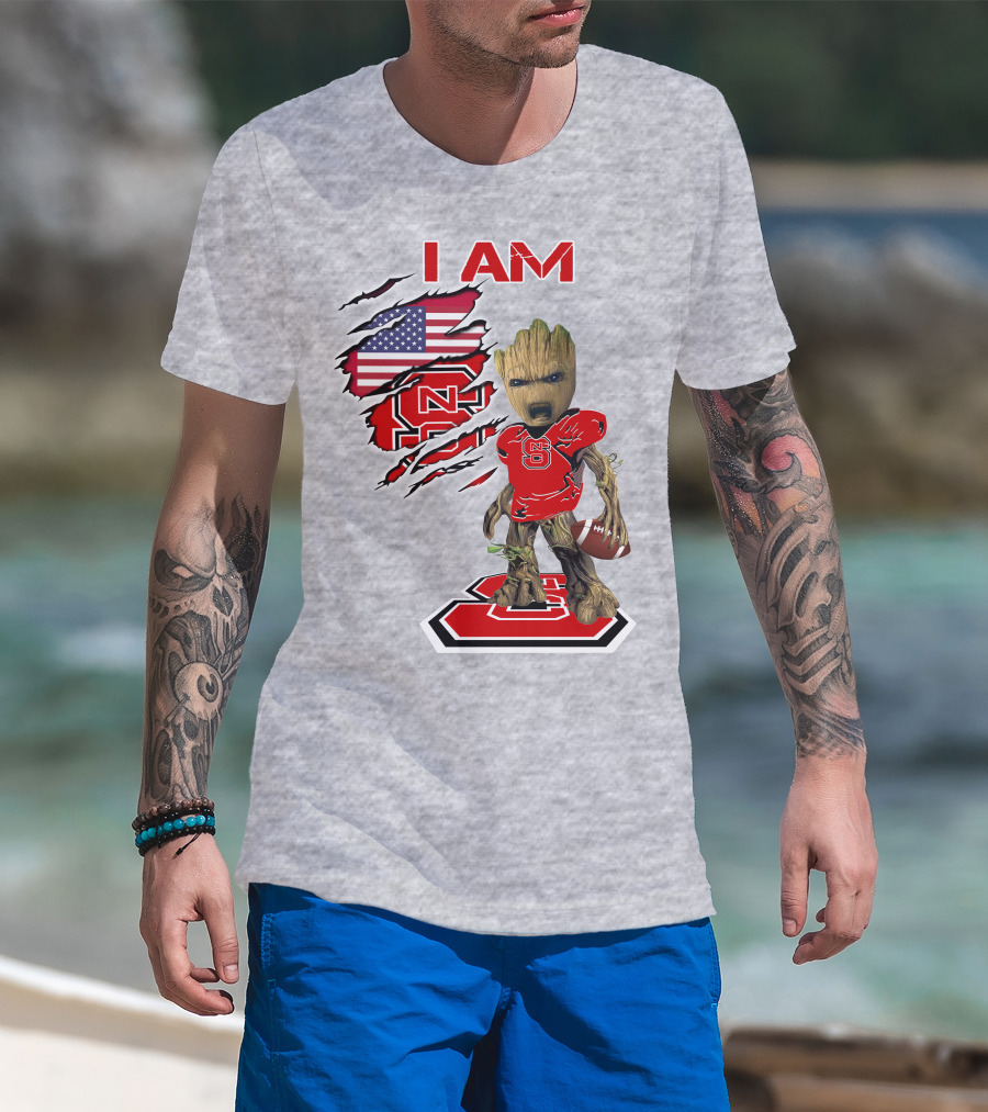 I Am NC State Baby Groot Football USA Flag T-Shirt