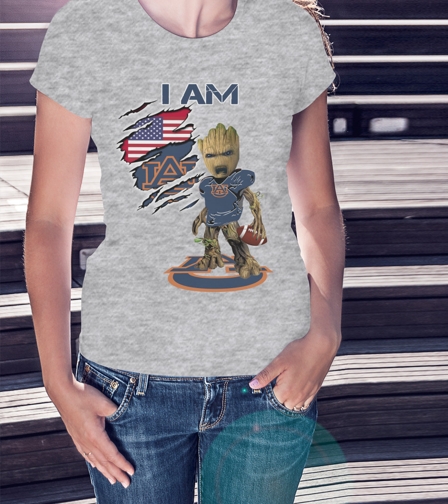 I Am Auburn Baby Groot Football Usa Flag T-Shirt