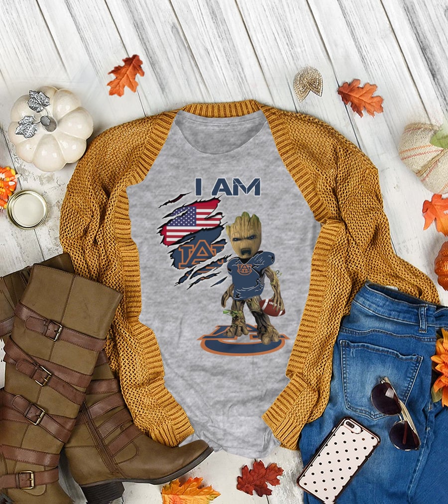 I Am Auburn Baby Groot Football Usa Flag T-Shirt