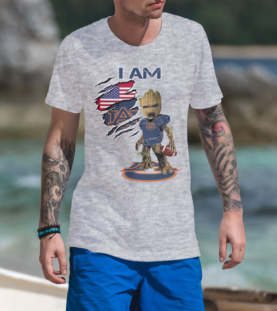 I Am Auburn Baby Groot Football Usa Flag T-Shirt
