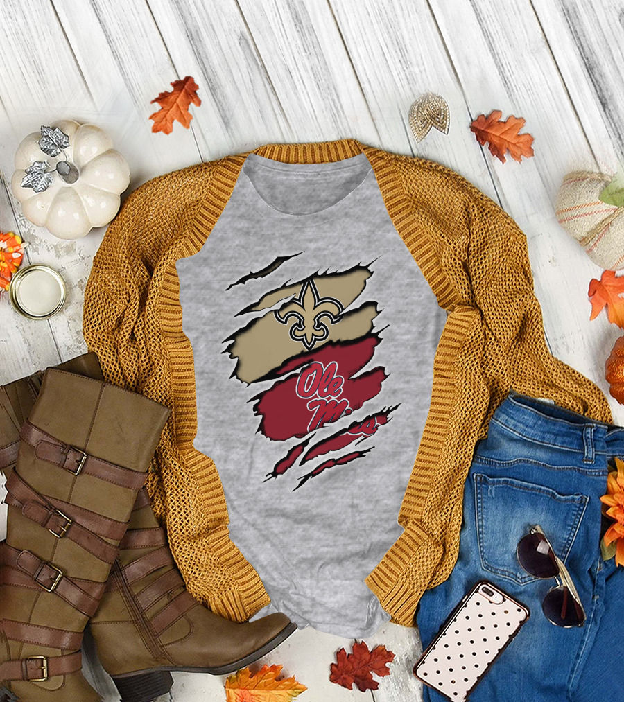 Saints Ole Miss Fleur De Lis Ripped Football Fanatic T-Shirt