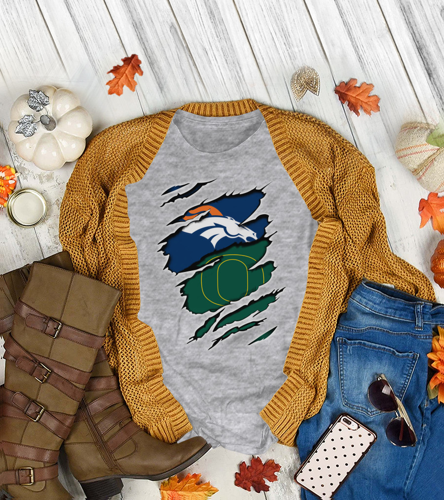 Broncos and Ducks Ripped Layers Football Logo Fusion T-Shirt