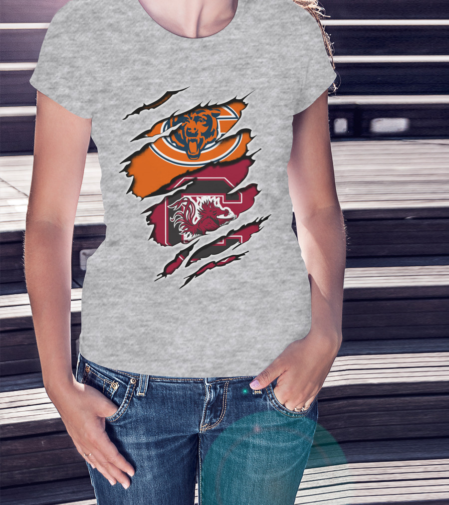 Chicago Bears South Carolina Gamecocks Claw Marks Logo Mashup T-Shirt