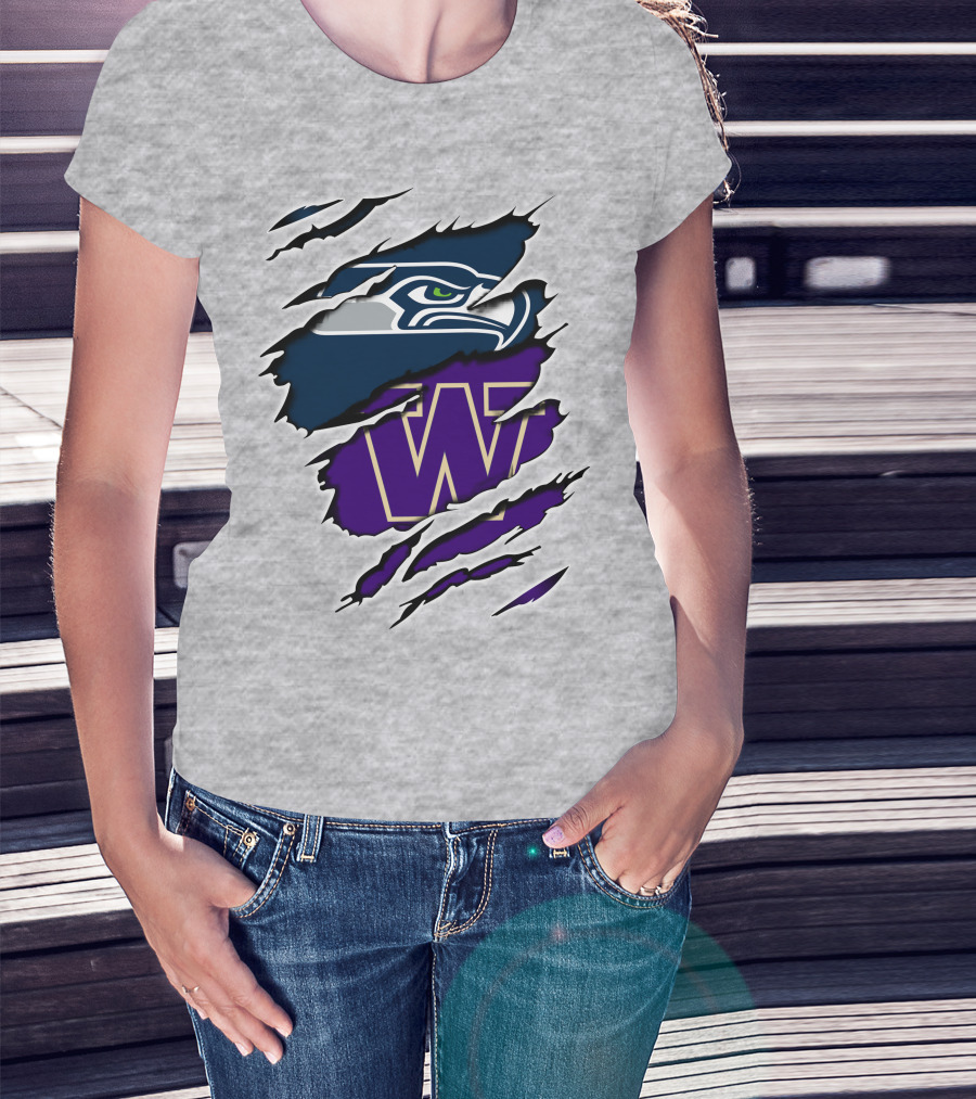 Seahawks Huskies Logo Fusion Nfl College Football Fan Gear T-Shirt