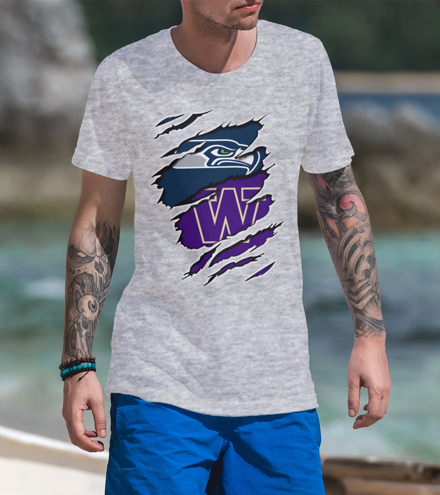 Seahawks Huskies Logo Fusion Nfl College Football Fan Gear T-Shirt