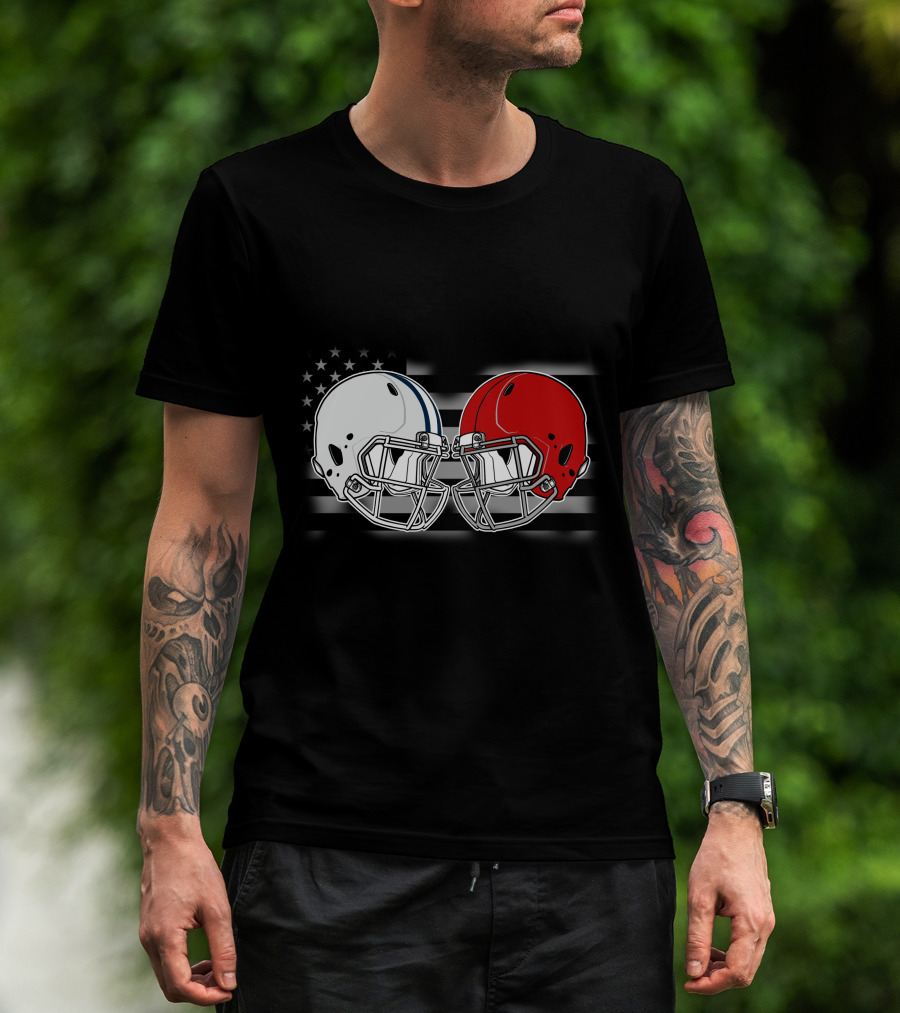 American Flag Two Football Helmets Cow Uters T-Shirt
