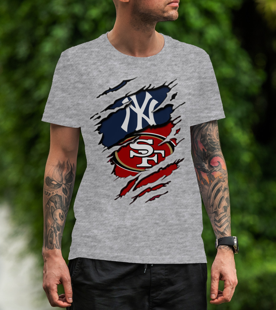 49ers And Yankees Logos Combined In Torn T-Shirt