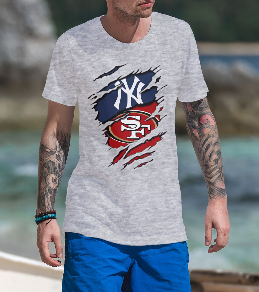 49ers And Yankees Logos Combined In Torn T-Shirt