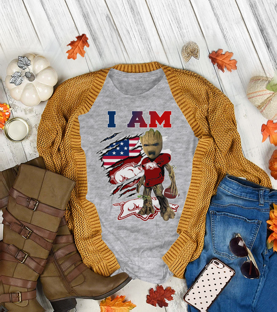 I Am Groot Arkansas Razorbacks Football American Flag T-Shirt